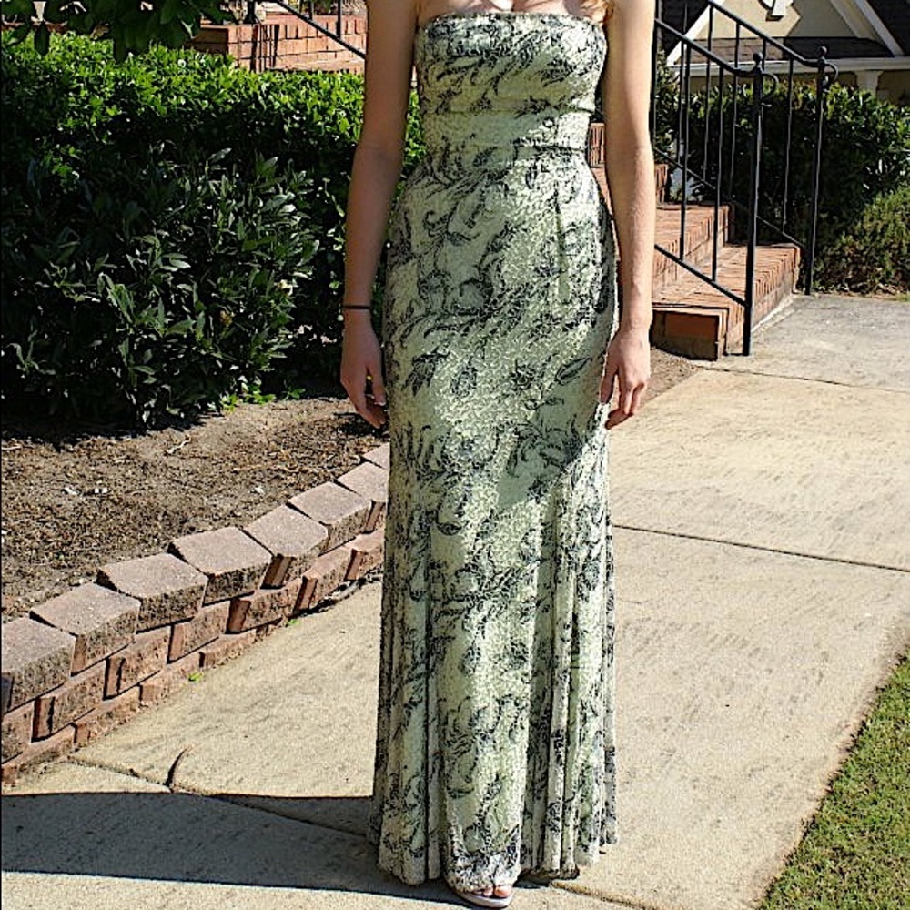 Strapless light green evening gown